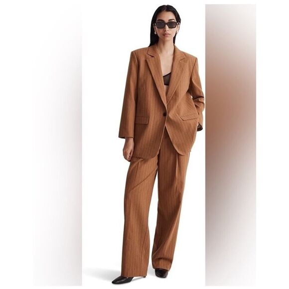 NWT Madewell Womens Oversized Blazer Brown Stripe 6 Wool Blend Single Breasted - Picture 5 of 13
